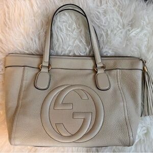 Gucci Light Tan Leather Tote with Logo and Tassel